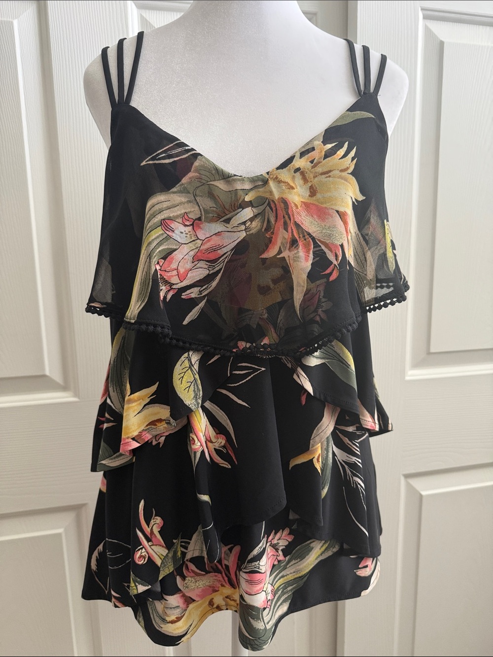 White House Black Market Black Floral Ruffle Tank Top
